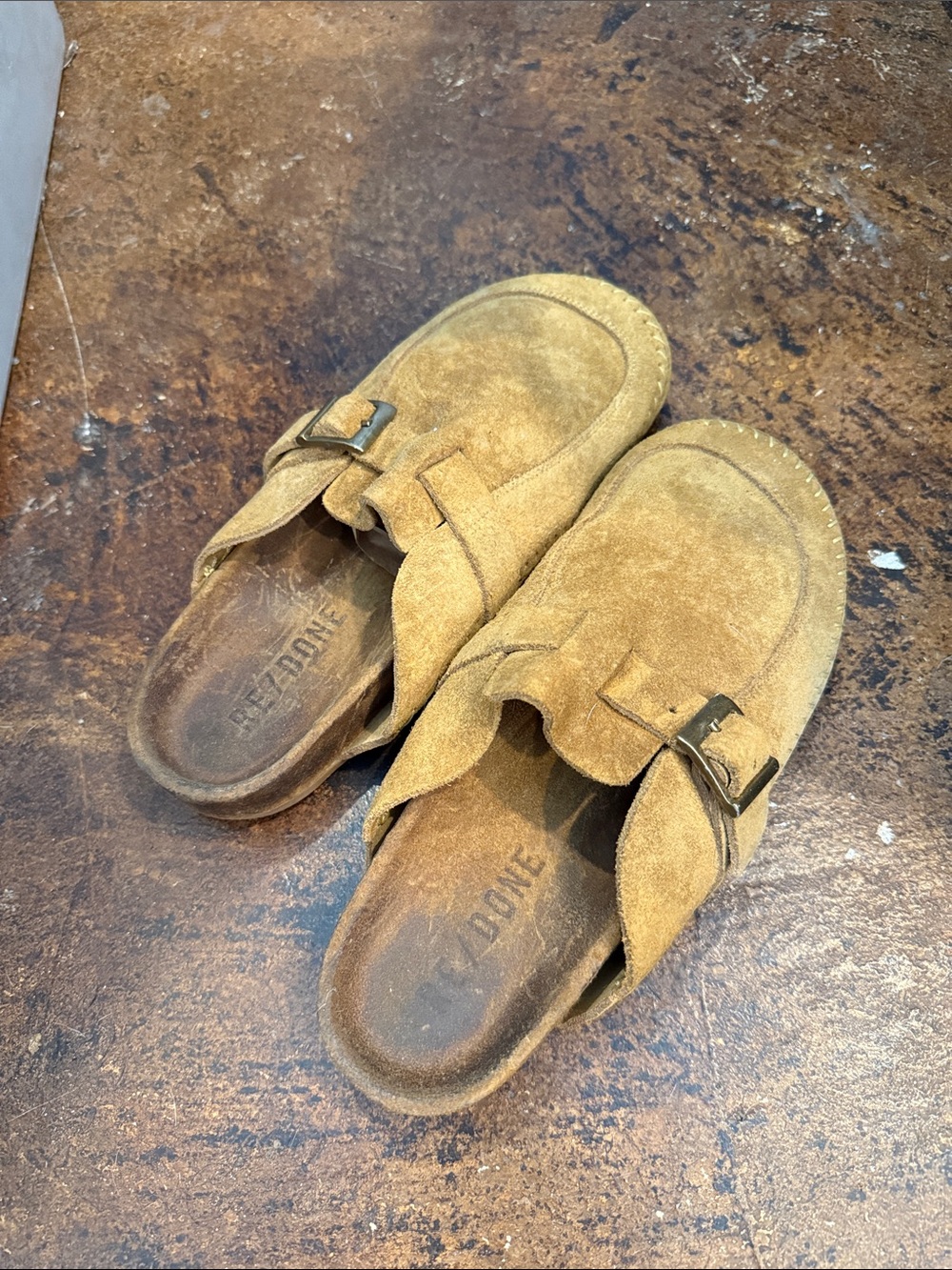 Re/Done Suede Slip-On Clog with Buckle in Camel Size 40 NEW